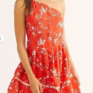 Free People All Mine Floral Orange Asymmetrical One-Shoulder Mini Dress Size S/M